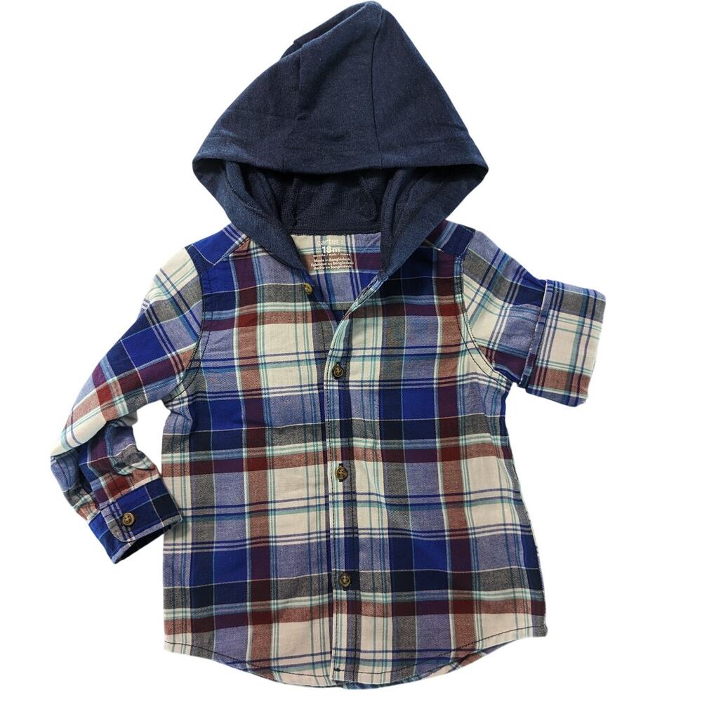 NWT Carter's Baby Boy 18 months‎ Plaid Hooded Button-Front Shirt Stylish Toddler